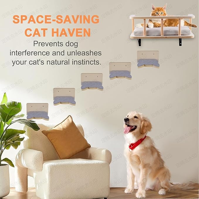 Large Cat Wall Shelves with 5 Steps - Heavy Duty Cat Wall Furniture, Climber, Shelves & Perches with Comfy Cushion & Guardrails, Space-Saving for Indoor Cats(Dark)