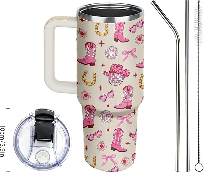 Cowgirl Pink Tumbler 40oz with Handle - Western Gifts for Women, Insulated Travel Mug, Cow Print Water Bottle, Country Girl Stuff for Horse Lovers Rodeo Mom, Christmas Birthday Present