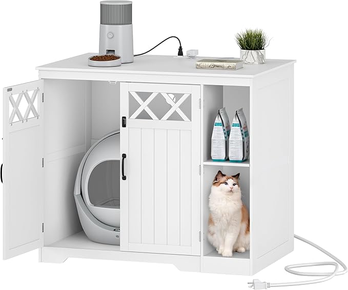 Cat Litter Enclosure, Hidden Self-Cleaning Litter Box Furniture with Charging Station, Pull-Out Base Plate, Adjustable Shelf, Large Indoor Cat House, 41.3 x 27.6 x 35.4 inches, White