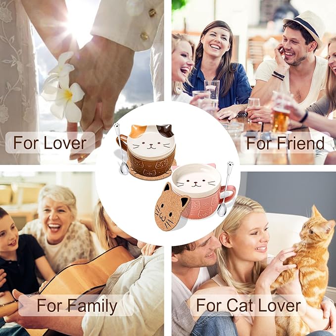 2PCS Cute Mug Kawaii Cat Tea Cup Ceramic Coffee Mug with Lid,Tea Cups and Saucers for Dessert tea mug cute gifts Cat lover Gifts For Women Anime gift for Women Christmas Gifts 10oz (Pink+Brown)