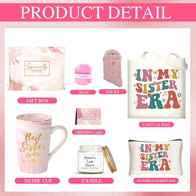 Sister Gifts Set for Women, Unique Sister in Law Gifts Basket, Birthday Christmas Mothers Day Presents, Thoughtful Celebration Gifts from Brother, Little Big Sisters Ideas