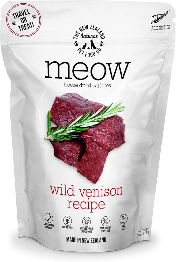 The New Zealand Natural Pet Food Co. Meow Freeze Dried Cat Food - Wild Venison Recipe, High Protein Treats, Meals & Toppers, Dry Cat Food, 1.76 oz
