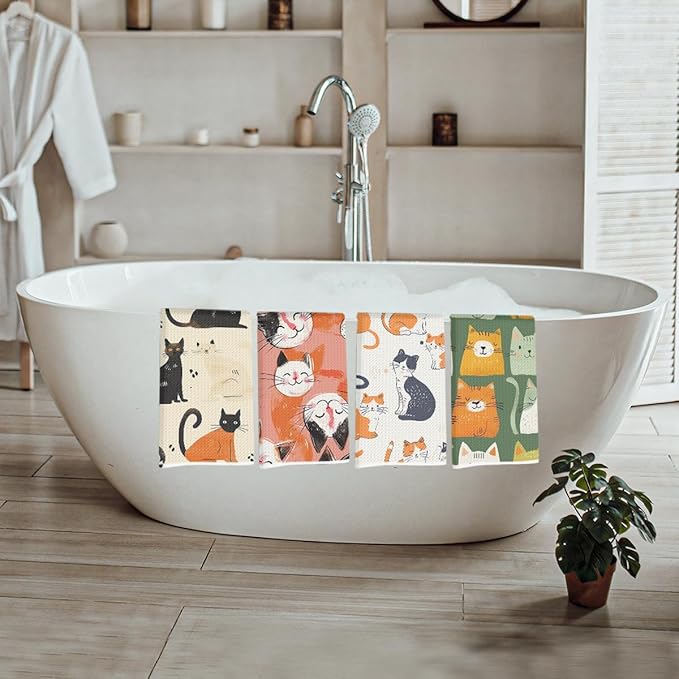 Lovdazzles 4 Pcs Whimsical Cat Kitchen Towels, Cute Cats Decorative Absorbent Microfiber Dish Cloth Tea Towel, Waffle Soft Hand Towels for Farmhouse Home Bathroom Kitchen Decor, Cat Lover Gifts