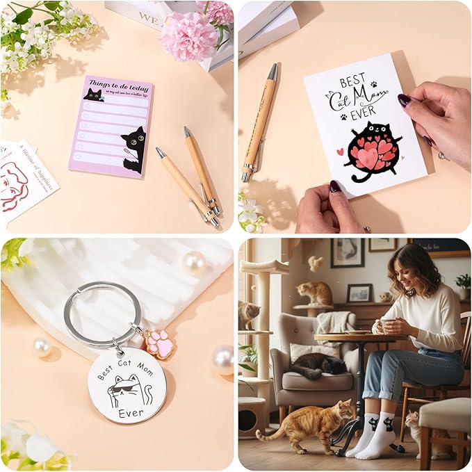 Cat Lover Gifts for Women, Cat Mom Gifts, Cat‘s Themed Gift for Christmas Mother's Day Birthdays, Gift for Cats Lovers for Crazy Cats Lady Mom Daughters with Canvas Bag Glass Cup Scented Candle Socks
