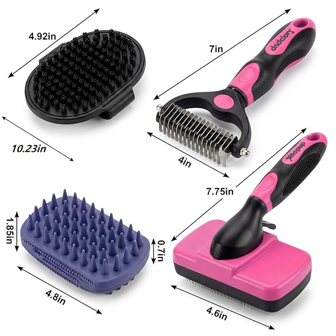 4PCS Self Cleaning Slicker Brush, Pet Grooming Rake, Bath Brush & Massage Brush for Short/Long Haired Dogs, Cats & Horses, Pet Grooming Deshedding Tools - Pet Supplies (Pink Black)