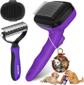 3PC Dog Brush Kit - Self-Cleaning Slicker Brush with Bath Brush & Undercoat Rake | Deshedding Tools for Large - Small Dogs & Cats, Professional Pet Grooming Set for Heavy Shedding, Purple