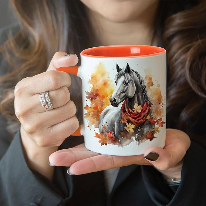 Hyturtle Fall Horse Coffee Mug - Birthday Gifts For Horse Lovers - Fall Autumn Decor Gifts For Farmhouse Thanksgiving - Horses Gift For Women - 11oz Two Tone Orange/White Ceramic Coffee Tea Mug Cup