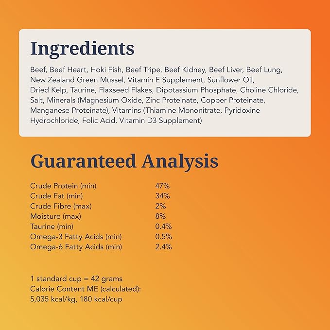 Feline Natural High Protein Dry Cat Food, Freeze-Dried Diet with 98% Meat, Organs & Seafood, No Peas, Grains, or Artificial Additives, Made in New Zealand Beef & Hoki, 3.5oz