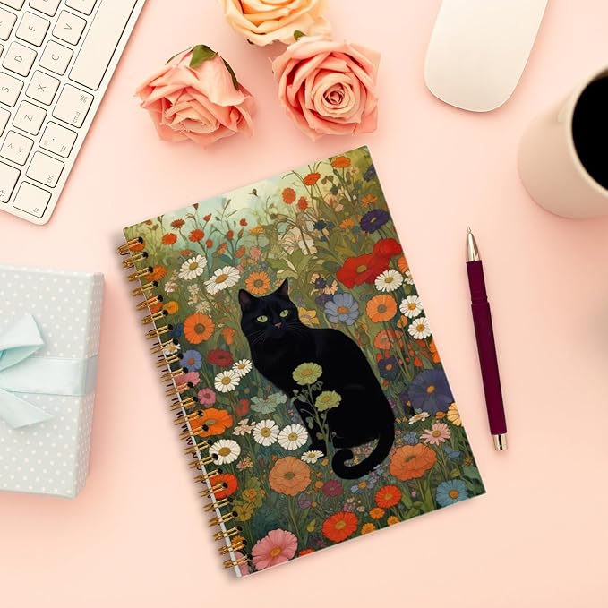 Wildflower Black Cat Notebook, Cats Lover Mom Lady Gifts, Black Kitten Floral Journal, Cat Office Supplies, Perfect Otebooks for School Officen 5.5x8.3 Inch
