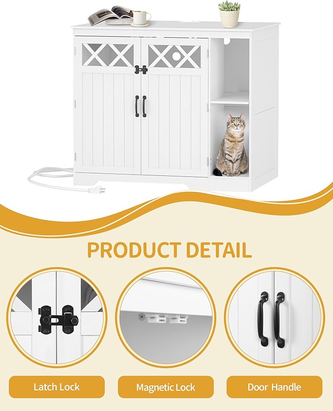 Cat Litter Enclosure, Hidden Self-Cleaning Litter Box Furniture with Charging Station, Pull-Out Base Plate, Adjustable Shelf, Large Indoor Cat House, 41.3 x 27.6 x 35.4 inches, White