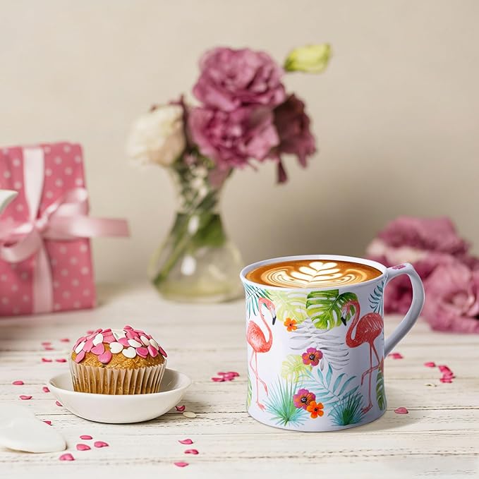 Flamingo Coffee Mug, Pink Flamingo & Tropical Plants Ceramic Mug, 12oz New Bone China Tea Mug, Birthday & Valentine’s Day Gift for Women & Girls, Designed in England by Harvest Green Studio
