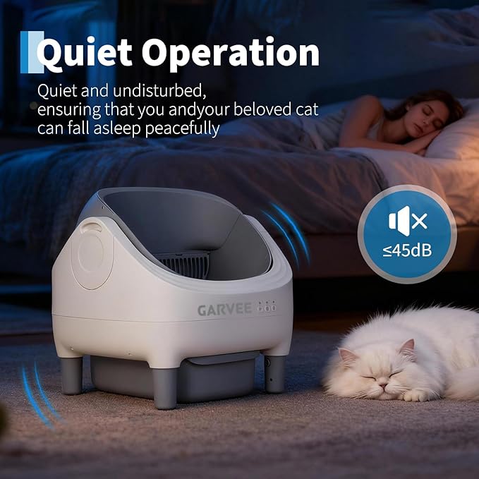 Garvee Self Cleaning Litter Box, Open-Top Automatic Cat Litter Box with APP Control, Odor-Free Waste Disposal Includes Trash Bags, 10.5L Large Waste Bin, for Multiple Cats, White/Grey
