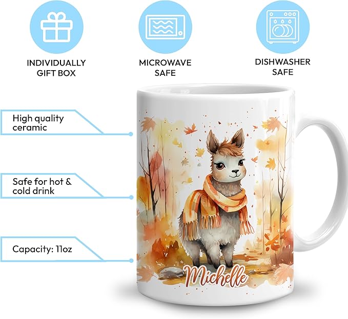 Hyturtle Personalized Fall Llama Coffee Mug - Birthday Gifts For Llama Lovers - Fall Autumn Decor Gifts For Farmhouse Thanksgiving - Custom Name 11oz White Ceramic Coffee Tea Mug
