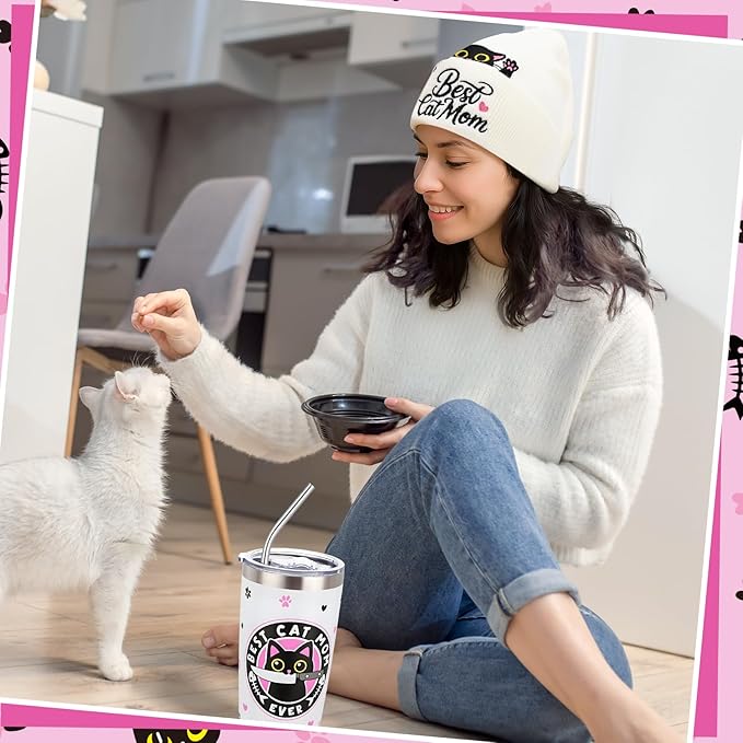 6 Pcs Cat Mom Gifts for Women Include Cute Cat Beanie 20 Oz Tumbler Greeting Cards Keychain Storage Bag Gift box for Birthdays Mother's Day Christmas