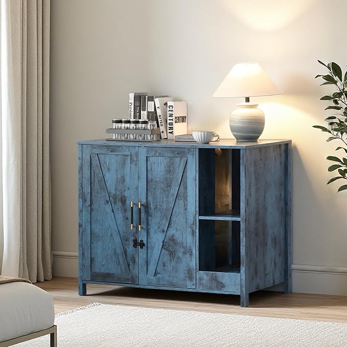 Cat Litter Box Cabinet with Litter Collector and a Dog-Proof Adjustable Shelf,Litter Box Enclosure Compatible with Cat Robot 3 & 4, and Integrated Power Outlet (Blue)