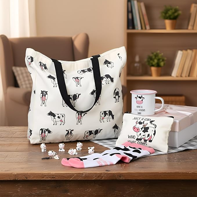 Cow Lover Gifts for Women Birthday Gifts Baskets Set Include Canvas Tote Bag, Makeup Bag, Socks, Keychain, Enamel Mug, Small Figurines for Mom, Wife, Sister, Friend