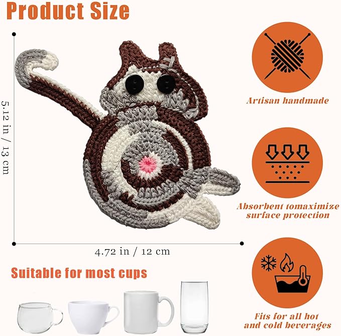 4PCS Cute Cat Cup Coasters, Gifts for Cats Lovers, Cat Coaster Woven Creative Knitted Coasters Funny Drink Insulation Coffee and Tea Coaster Table Protection Desktop Gifts