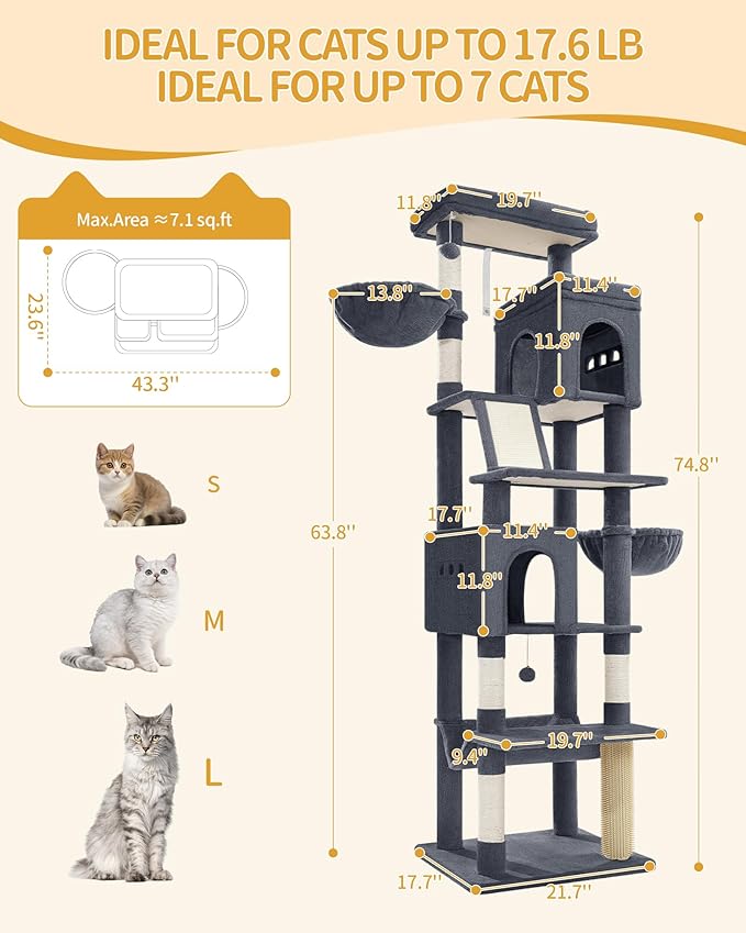 Hzuaneri Large Sturdy Cat Tree Tower, 75 Inch Tall Pet Condo for 7 Large Cats, Cat Tree Indoor Climbing Activity Tower, 2 Large Platform/2 Cave/2 Hanging Basket/5 Scratching Post, Dark Grey MS19018SG