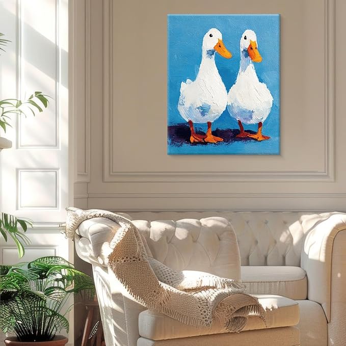 Vintage White Ducks Wall Art Decor Cute Rustic Duck Print Picture Cottagecore Wall Decor for Home Farmhouse Living Room 8x10 Inch Canvas Framed