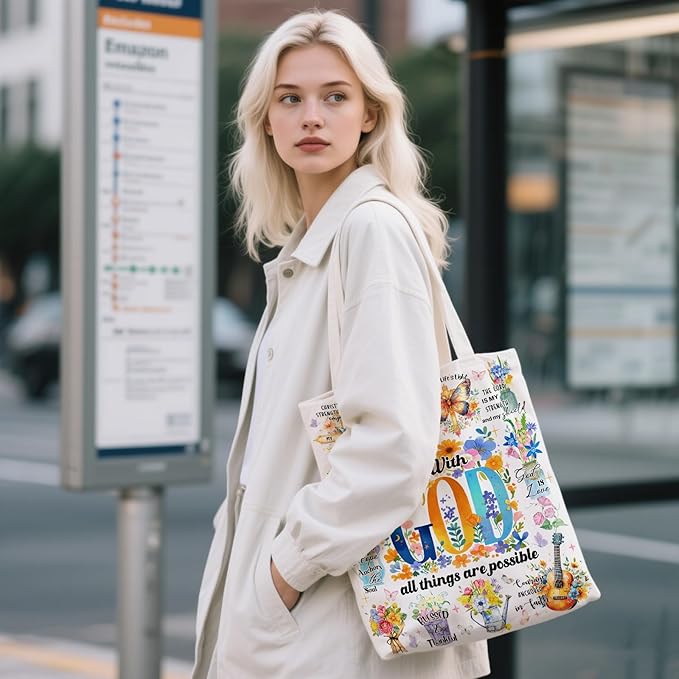 Aesthetic Canvas Tote Bag for Women - with Magnetic Snap Closure & Zipper Inner Pocket Reusable Bag for Shopping