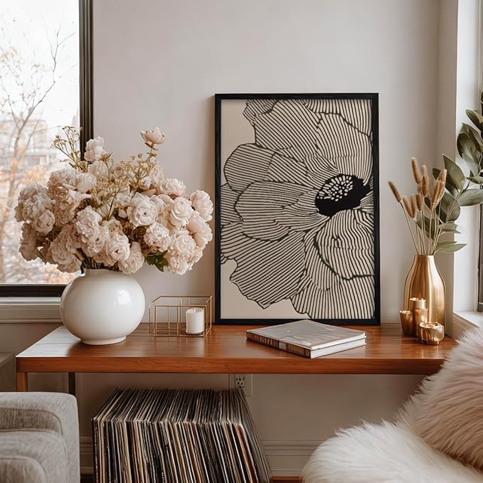 Abstract Black and Beige Flowers Canvas Wall Art, Neutral Floral Lines Poster, Modern Minimalist Floral Wall Decor, Boho Botanical Sketch Art Print for Living Room Bedroom 16x20in Framed