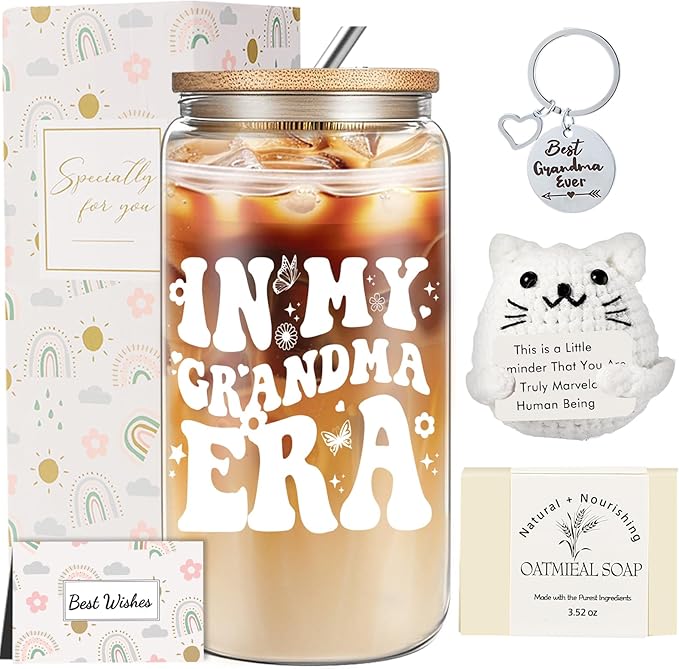 Grandma Birthday Gifts from Granddaughter Grandson, Grandma Christmas Gifts, Thanksgiving Ideas Gift with 16 Oz Glass Cup for Nana GiGi Mimi Grandmother