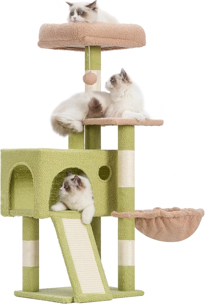 Gitelsnour Cat Tree, 42.1" Cat Tower for Indoor Kittens with Scratching Board and Posts, Multi-Level Cozy Cat Condo with 2 Perches, Hammock, Balls, Green and Yellow GCT005SGY