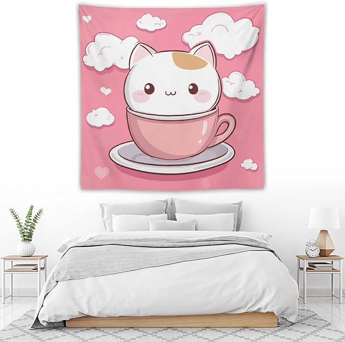 Tapestry Kawaii Cat Wall Art Tapestry for Bedroom Aesthetic Cute Cat Kitten Wall Tapestries Wall Hanging for Bedroom Landscape 60"x60" Wall Hanging for Home Decor Bedroom Living Room Dorm Decor