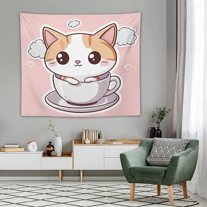 MaSiledy Tapestry Kawaii Cat Tapestry for Bedroom Aesthetic Cute Kitten Cat Meow Tapestry Wall Hanging Wall Hanging for Living Room Dorm Landscape 50"x60" Tapestries for Bedroom Living Room Dorm
