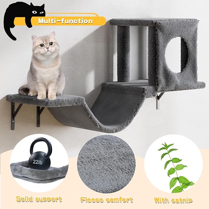12-in-1 Cat Wall Shelves, Wall Mounted Cat Climber with Condo House, Scratching Post, Bridge Ladder, Space-Saving Indoor Play Furniture for Kittens, Dark Gray