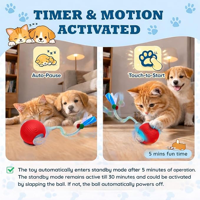 GlowPounce Interactive Rolling Ball Toy for Indoor Cats & Small Dogs – Motion-Activated Smart Moving Ball with LED Lights – Rechargeable Automatic Play Toy for Cats, Kittens & Puppies, Red