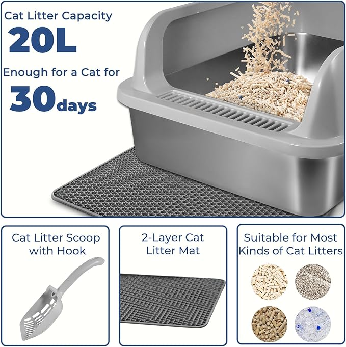 Stainless Steel Cat Litter Box with Lid, High Wall Kitty Litter Box for Small Cats, Metal Kitty Litter Box, Non-Sticky, Anti-Leakage, Easy Cleaning, Include Cat Mat and Scoop, 17.2"x13.2"x7.7"