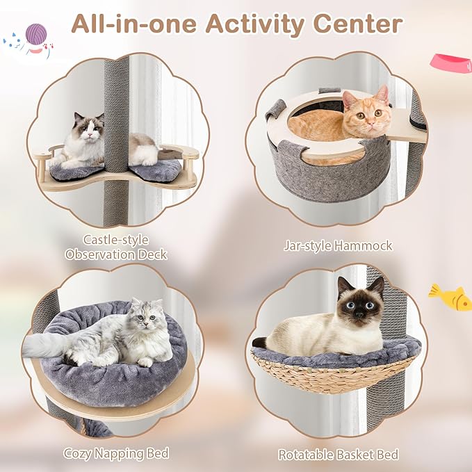 Tangkula Floor to Ceiling Cat Tree, Tall Cat Tower with Adjustable Height (93-107 Inch) for Large Cats, 5 Tier Cat Climbing Pole with Scratching Post, Cattail Basket Bed, Hammock for Indoor Cats