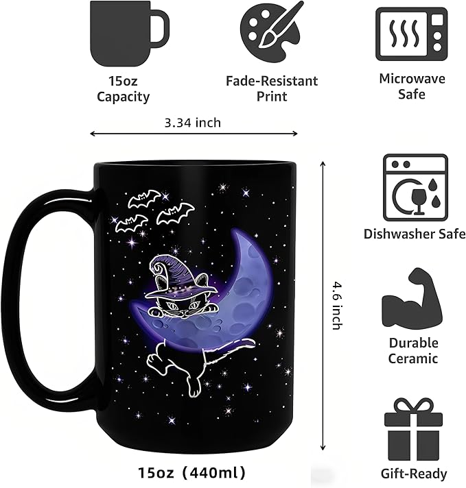 Halloween Witchy Black Cat Coffee Mug, 15oz Gothic Novelty Ceramic Cup, Celestial Moon & Star Spooky Design, Ideal for Hot & Cold Drinks, Cat Lover Gift, Goth Home Decor, Fun Gift for Women & Men
