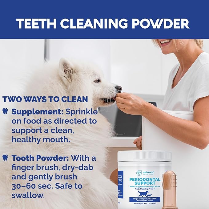 Periodontal Support Dental Powder for Dogs & Cats – Teeth Cleaning Supplement with Free Finger Toothbrush – Helps Reduce Bad Breath, Plaque & Tartar – Supports Healthy Teeth & Gums – 200g