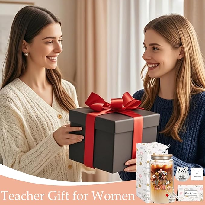 Best Teacher Appreciation Gifts, Teacher Gifts for Women, Thank You Birthday Gifts Set with 16 oz Glass Cup Necklace