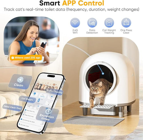 Automatic Self Cleaning Litter Box for Multiple Cats 90L Large Capacity, Smart Automatic Cat Litter Box with App Control, Health Monitoring, Integrated Safety Sensors, Odor Removal, Mat (White)