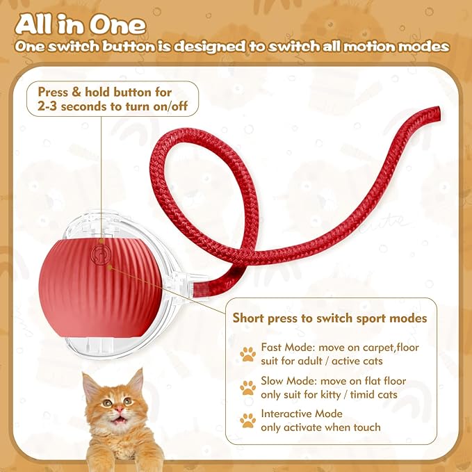 Interactive Cat Ball Toys for Indoor Cats, Upgraded Automatic Cat Toys for Bored Indoor Adult Kitty, Peppy Pet Ball for Cats, 360°Smart Rolling Kitty Balls Toy (Red)