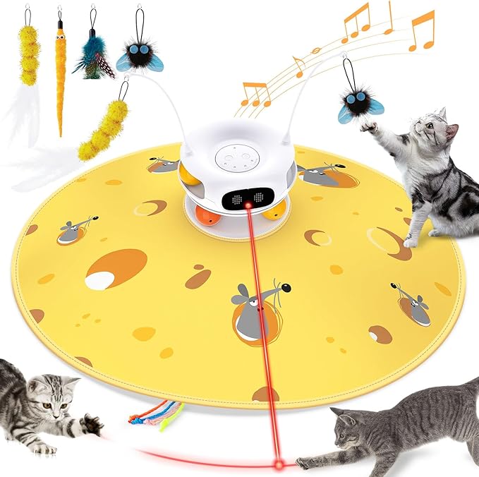 5 in 1 Interactive Cat Toys for Indoor Cats, Hide and Seek Cat Toys with Automatic Laser and Motion Activated, Fluttering Feather & Dual Track Balls with Chirping for All Breeds, Rechargeable