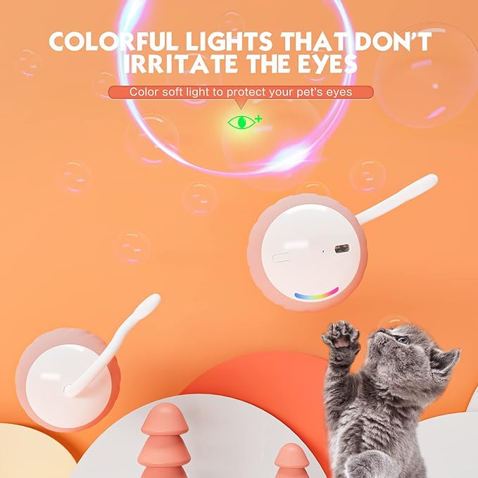 Interactive Cat Toys Ball - Electric Automatic Toys for Indoor cats, LED Lights and Toys Feather Tail with Sound Activated and Touch, USB Rechargeable, 2peeds Mode for Bored Kittens/Adult Cats/Ferret