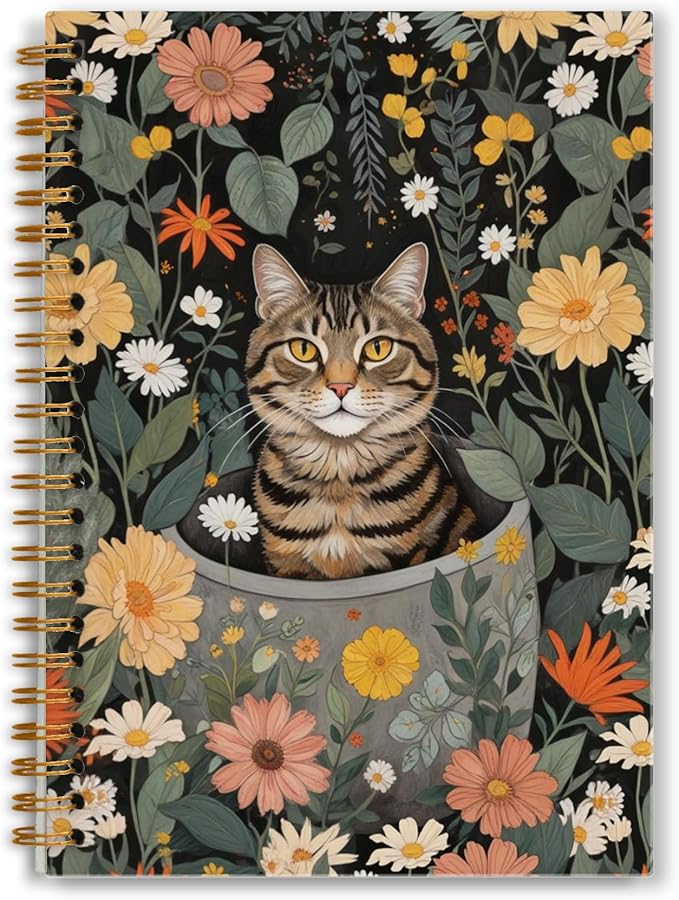 Cat Notebook, Retro Floral Botanical Cat Journal for Writing, Cats Mom Lovers Gifts for Women, Cottagecore Aesthetic Spiral Notebook 5.5x8.3 Inch