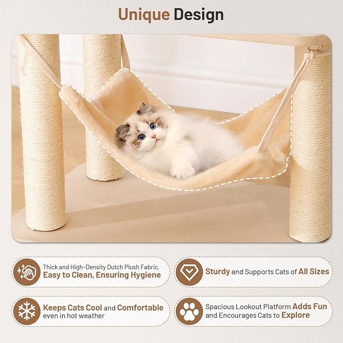Modern Rattan Cat Tree House Condo Tall Heavy Duty Cat Climbing Tower with Scratching Post,Basket,Bed,and Stand for Indoor Large Cat