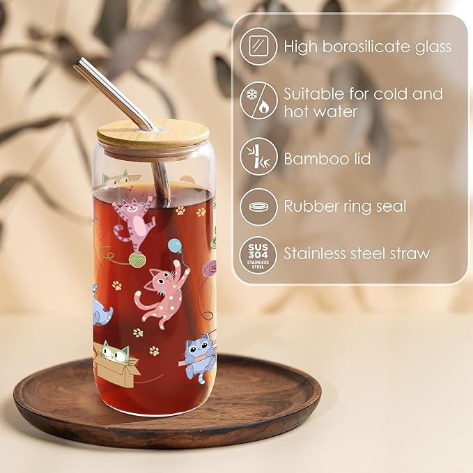 Joeyan Glass Cup with Lid and Straw - 20oz Iced Coffee Cups with Positive Crochet Cat Doll, Cute Cat Glass Tumbler for Smoothie Boba Tea, Cats Lover Gifts for Women, Birthday Mothers Day Gift for Her