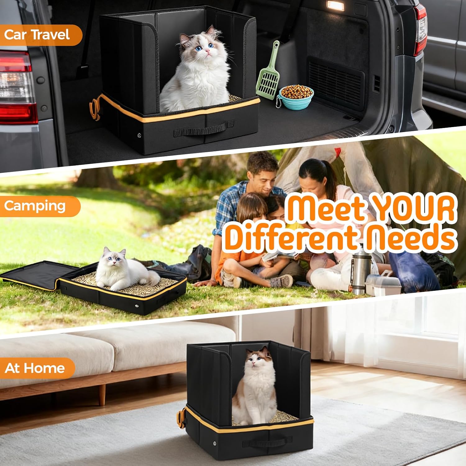 Travel Litter Box for Cats with High Side, Portable Kitty Litter Travel Box with Collapsible Baffle Waterproof Scratch-Proof Kitty Litter Pan for Car, Road Trip, Hotel