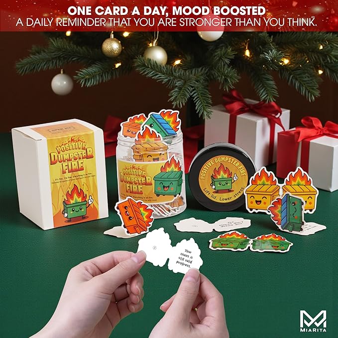 60 Positive Dumpster Fire Cards Jar, Emotional Supports 60 Affirmation Cards for Women, Dumpster Fire Desk Accessories, Unique Zen Garden, Coworker Gifts for Women, White Elephant Gifts