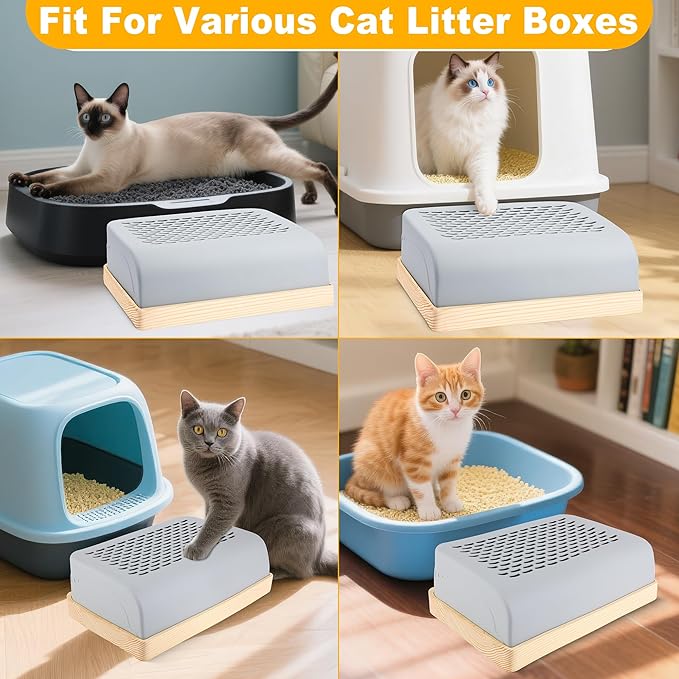Cat Ramp for Litter Box with Wooden Base, Catcan Litter Box Step with Filter Function Double Layered Self-Cleaning Cat Litter Trapper for Small & Elderly Cats