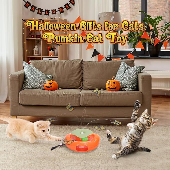Interactive Cat Toy 3in1 Halloween Cat Toys Pumpkin Whack a Mole Cat Toy with Rotating Butterfly Cat Enrichment Battery Operated