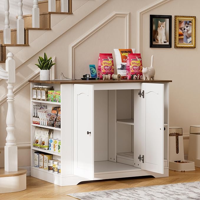 PAKASEPT Large Cat Litter Enclosure with Litter Collector, Wooden Cat Washroom Enclosure for self-Cleaning Litter Boxes, Large Hidden Litter Box Furniture with Charging Station, Wooden Cat House