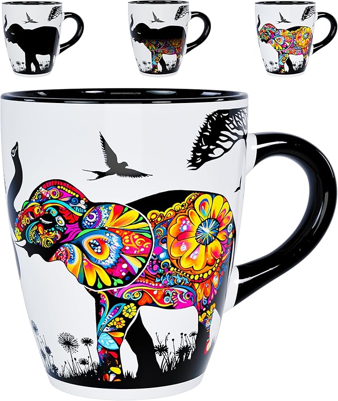 Color Changing Elephant Coffee Mug 12oz – Ceramic Heat Sensitive Cup for Coffee, Tea, Hot Cocoa & Milk – Magical Elephant Mug with Floral Reveal – Unique Gift for Elephant Lovers, Women, Mom, Grandma