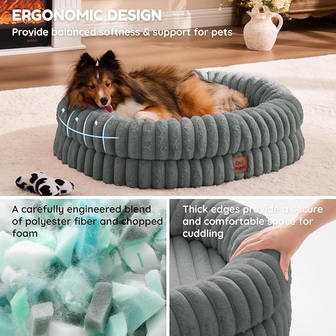 ChiXnuggle Dog Bed Medium Sized Dog - Luxury Striped Faux Fur Waterproof Pet Couch with Removable Washable Cover, Orthopedic Pet Bed with Bolster Sides for Sleeping, Grey